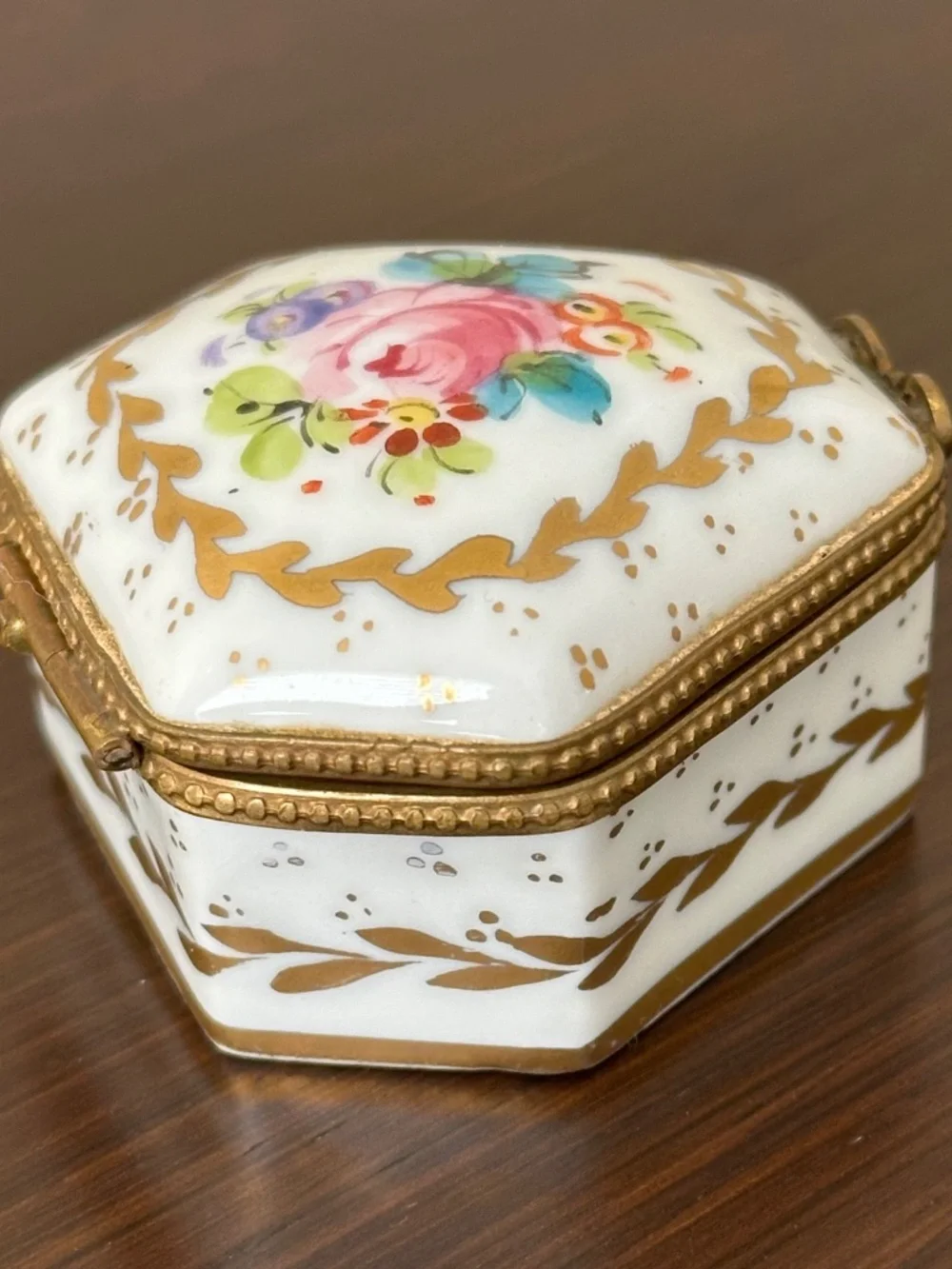 VTG Limoges France Porcelain Hexagon Trinket Box Hand Painted Floral Gold